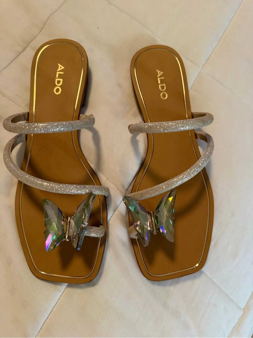 ALDO Tan Slide Sandals with Iridescent Crystal Accents